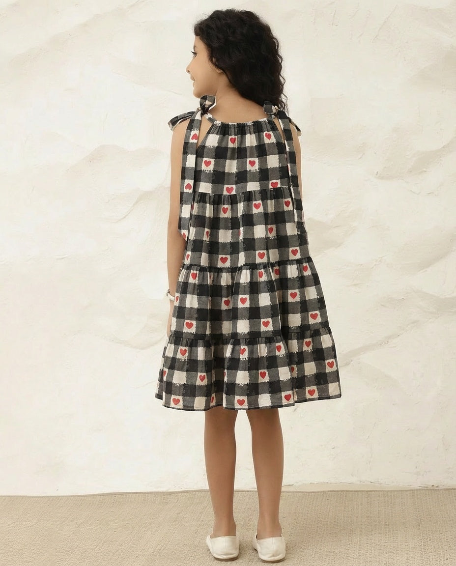 Adjustable Check Heart Print Tiered Dress