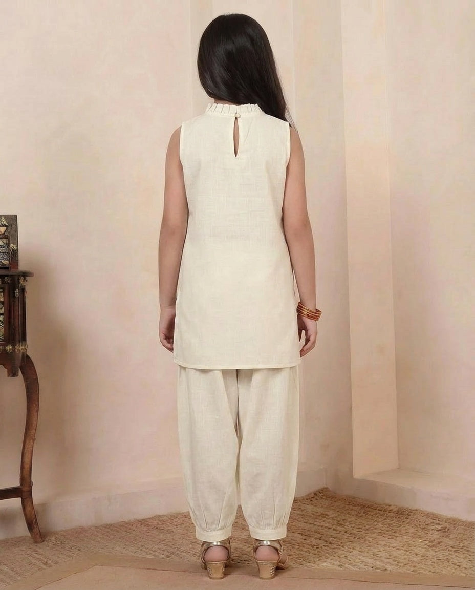 Off White Cotton Kurta With Pant Girls Co-ord Set