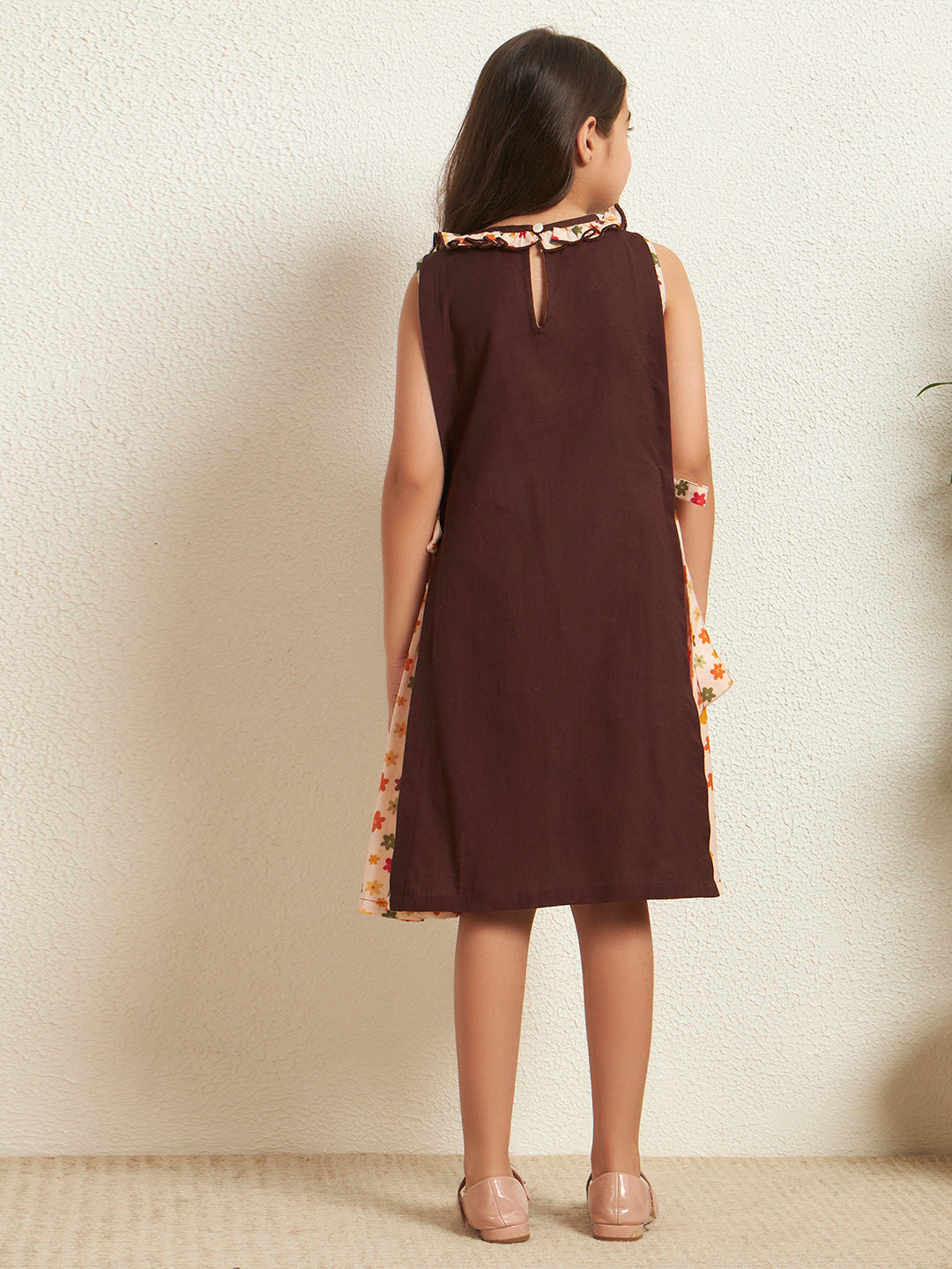 Girl's Brown Cotton Flex Solid With Floral Print A-Line Tiered Dress
