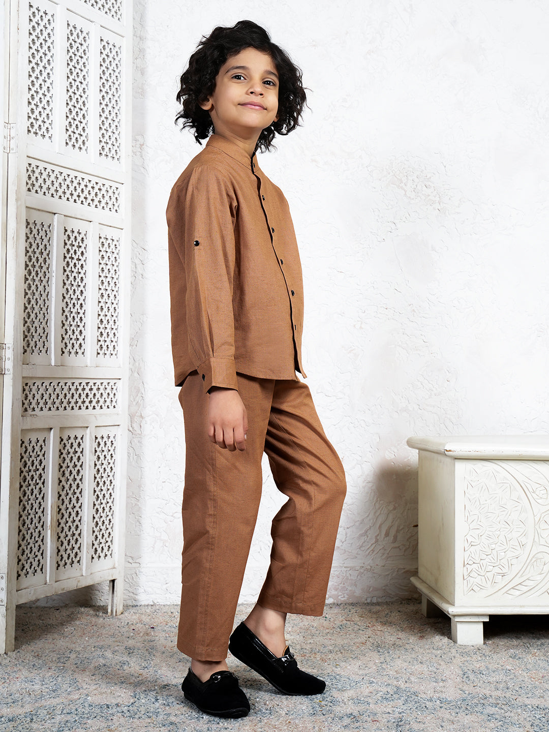 Beige Pure Cotton Flex Co-Ord Set For Boys