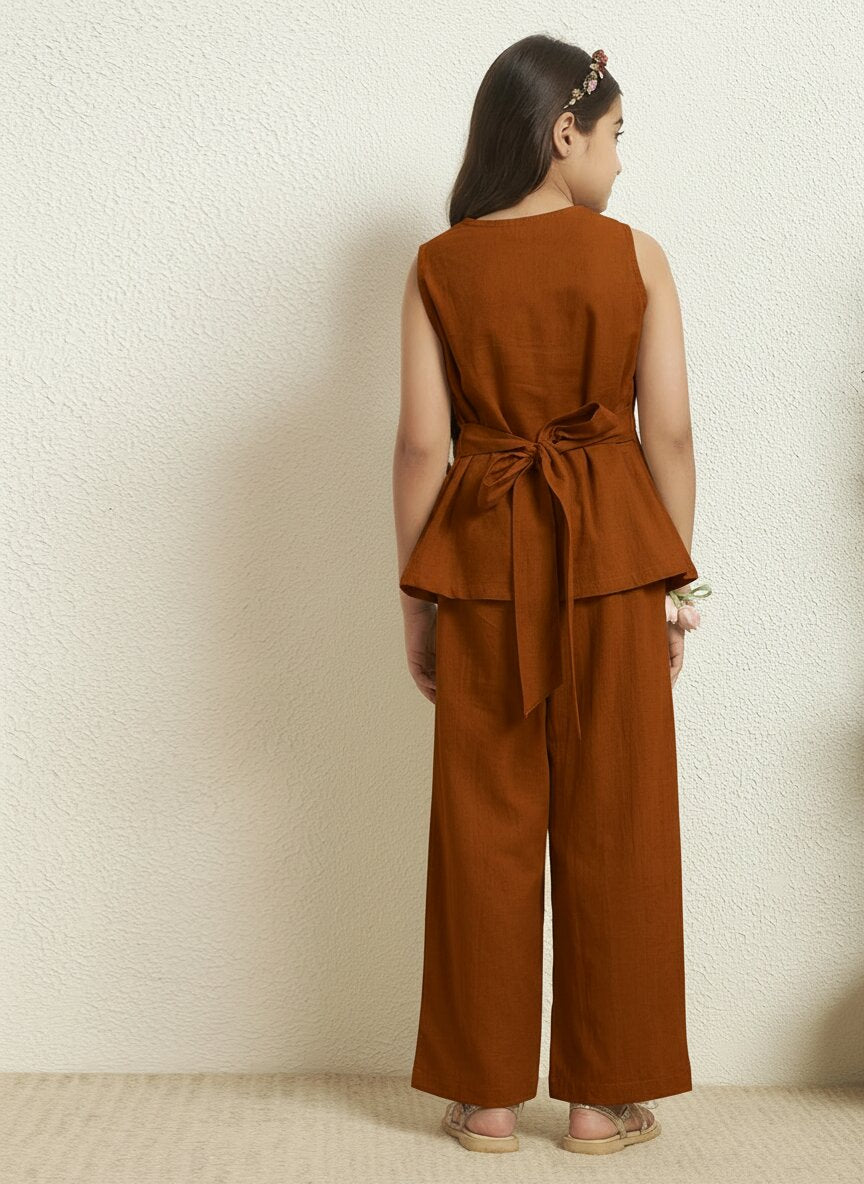 Girls Tan Brown Cotton Blazer With Pant Co-Ord Set