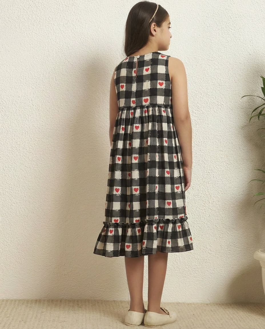 Girl's Black Cotton Check Heart Print Tiered Dress