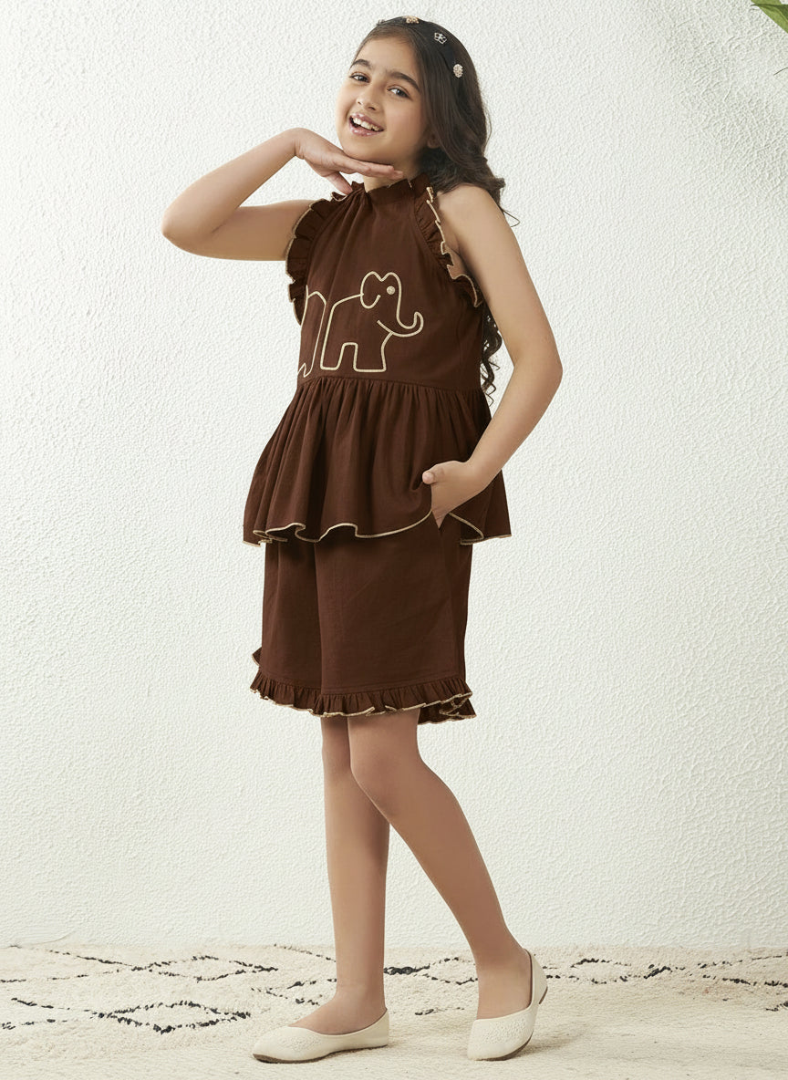 Dark Brown Cotton Flex Halter Neck Top & Shorts