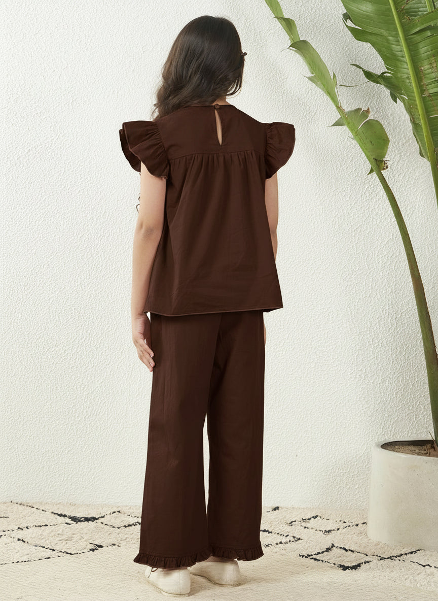 Girls Dark Brown Cotton Poplin Dori Work Top& Frill Pant Co-Ord Set