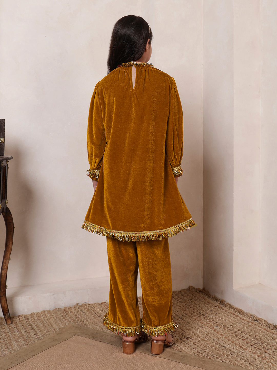 Mustard Velvet Band Collar Kurta Set
