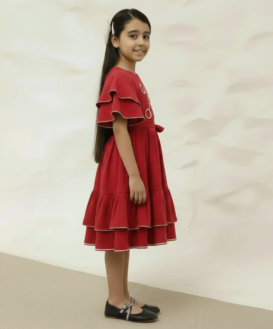Red Cotton Round Neck Bell Sleeve Above Knee Length Dress For Girls