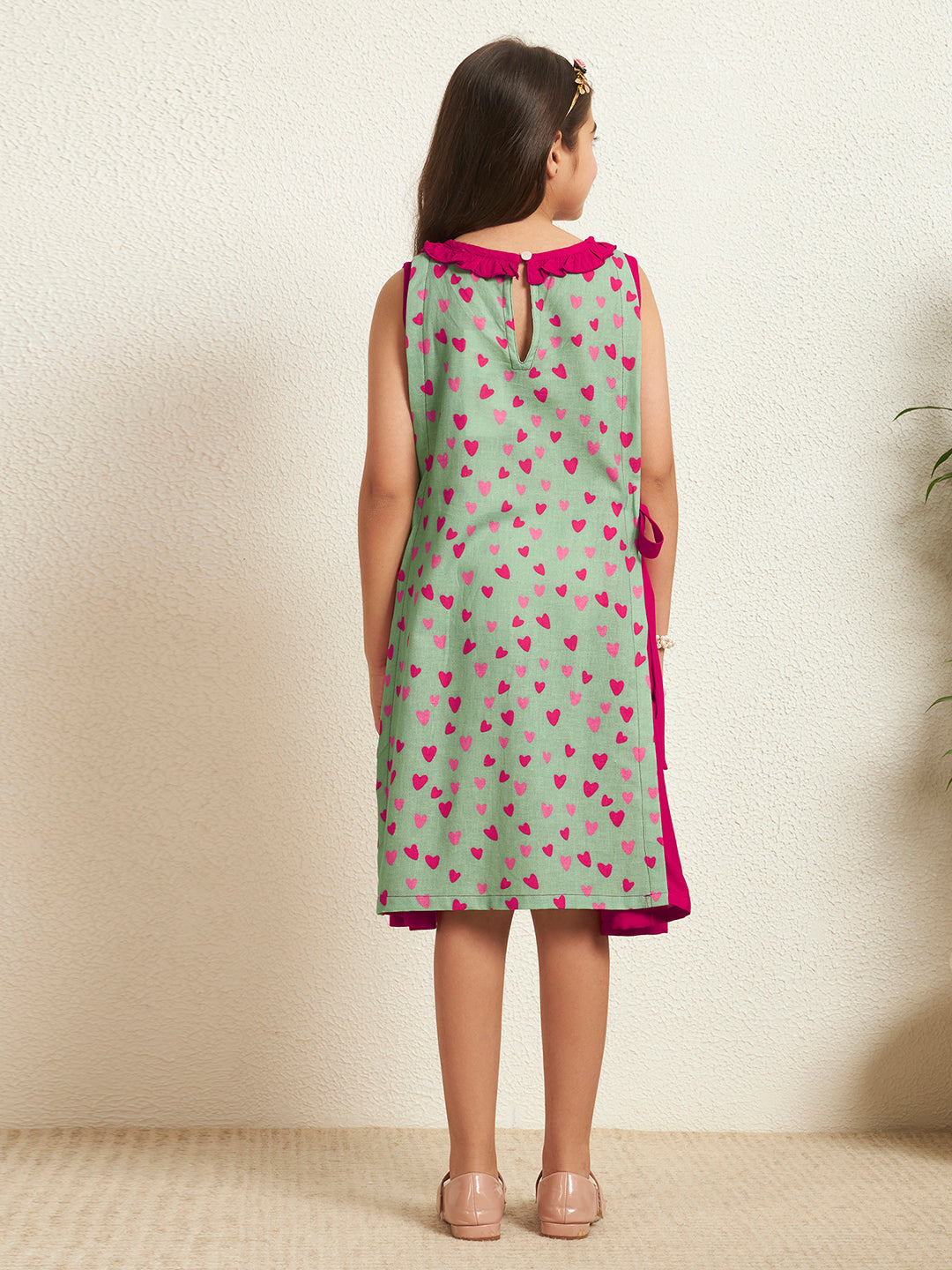 Girl's Green Cotton Flex Heart Print With Solid A-Line Tiered Dress