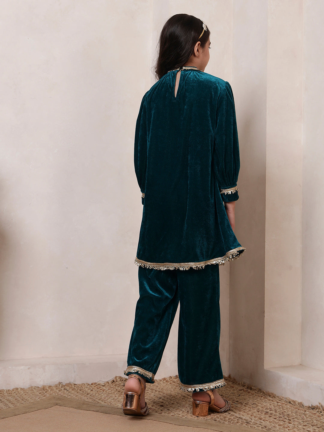 Velvet Band Collar Neck Style Kurta Set