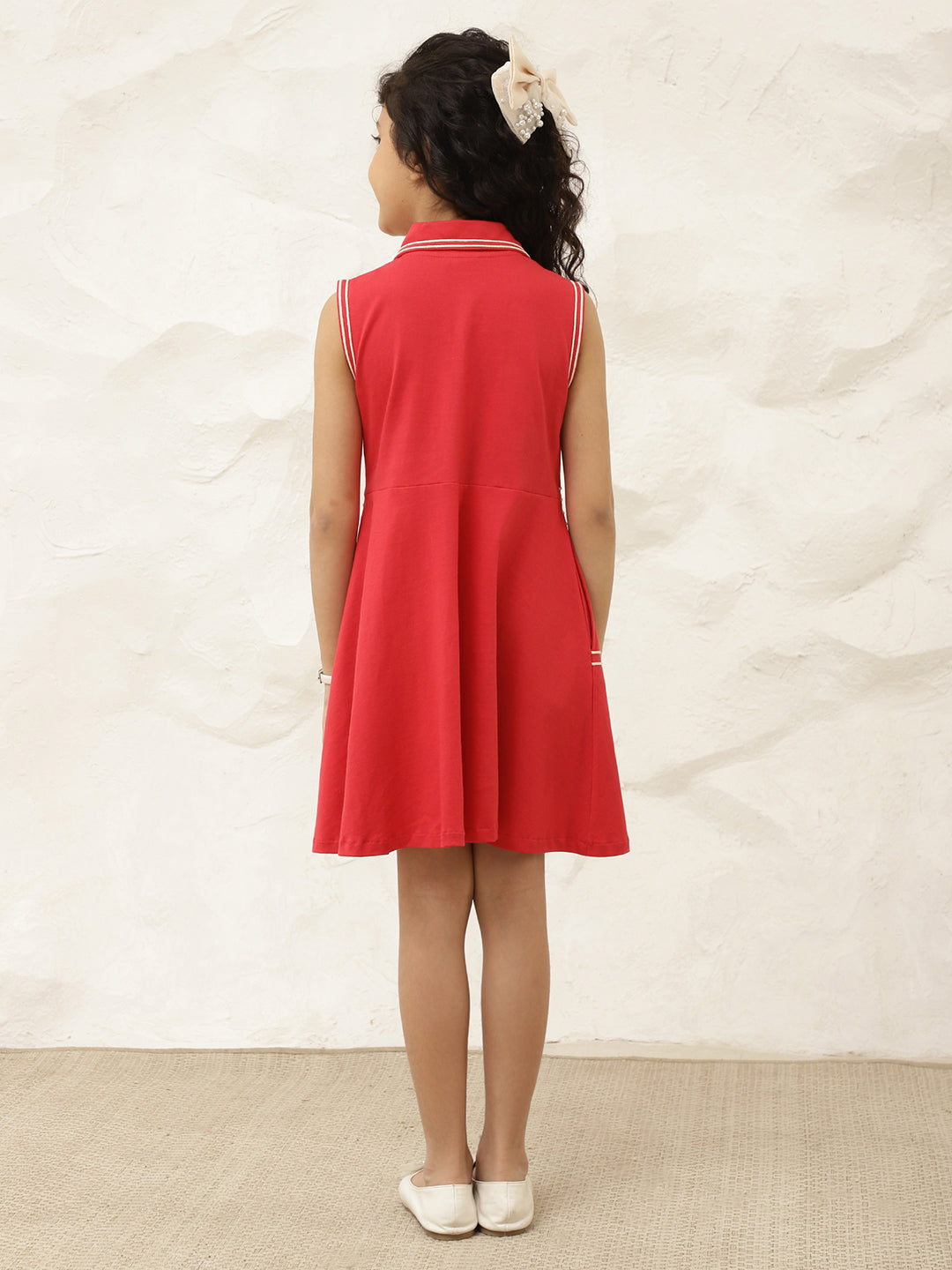 Red Pure Cotton Knit Knee Length Dress