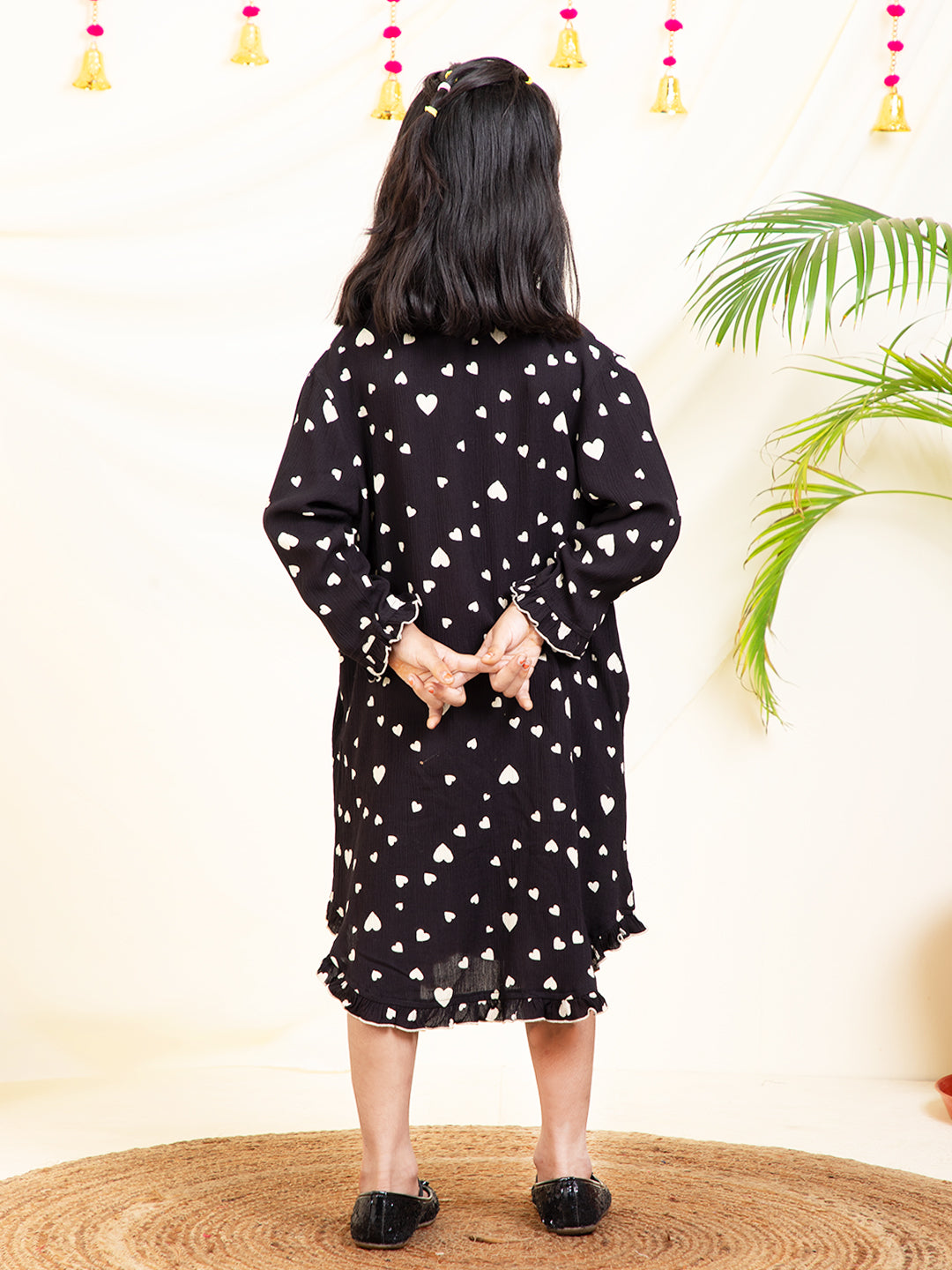 Heart Printed Girls Shirt Dress With Frill