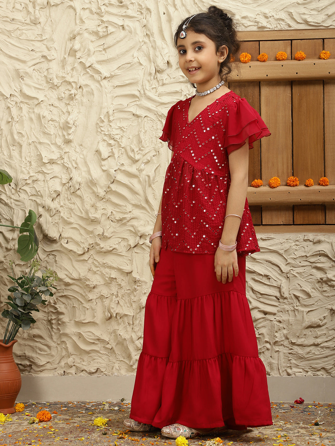 Pure Georgette Fusion Set With Bell Sleeves And Sharara