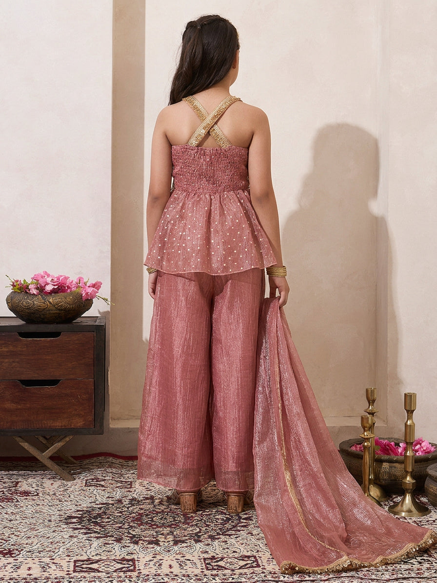 Pink Solid Shimmer Butta Work Peplum Top & Palazzo With Dupatta