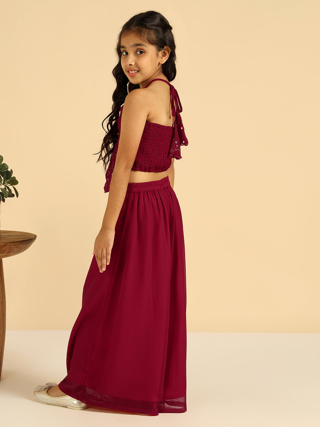 Magenta Embroidered Top With Sharara Girls Co-Ord Set