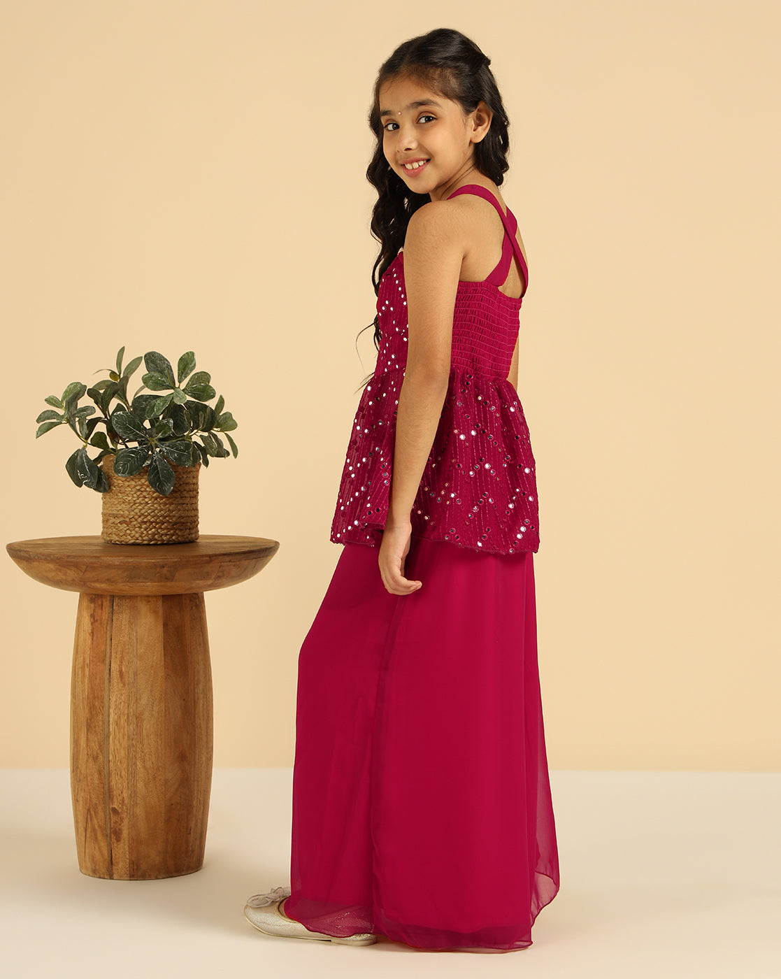 Magenta Embroidered Indo Western Girls Co-Ord Set
