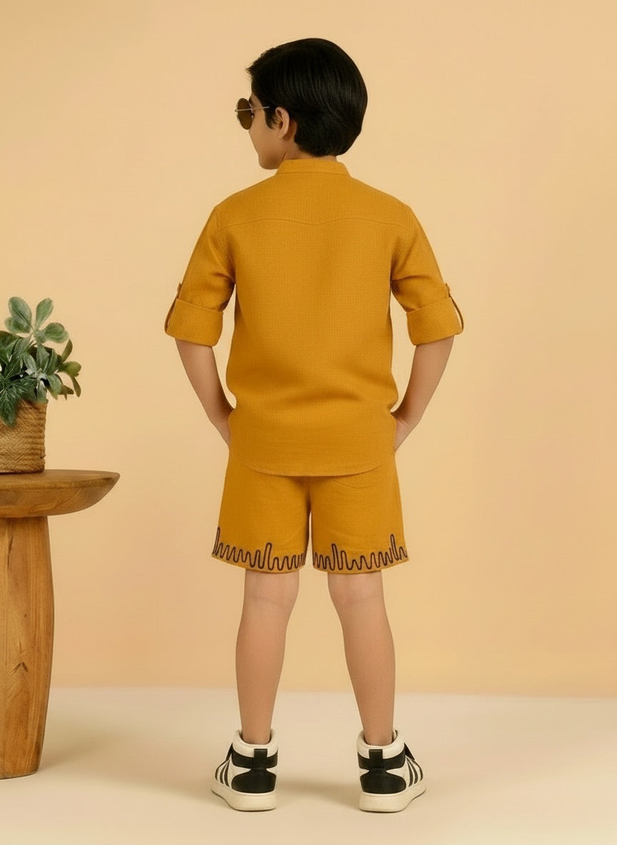Yellow Cotton Mandarin Collar Embroidered Short Kurta With Short Co-ord Set