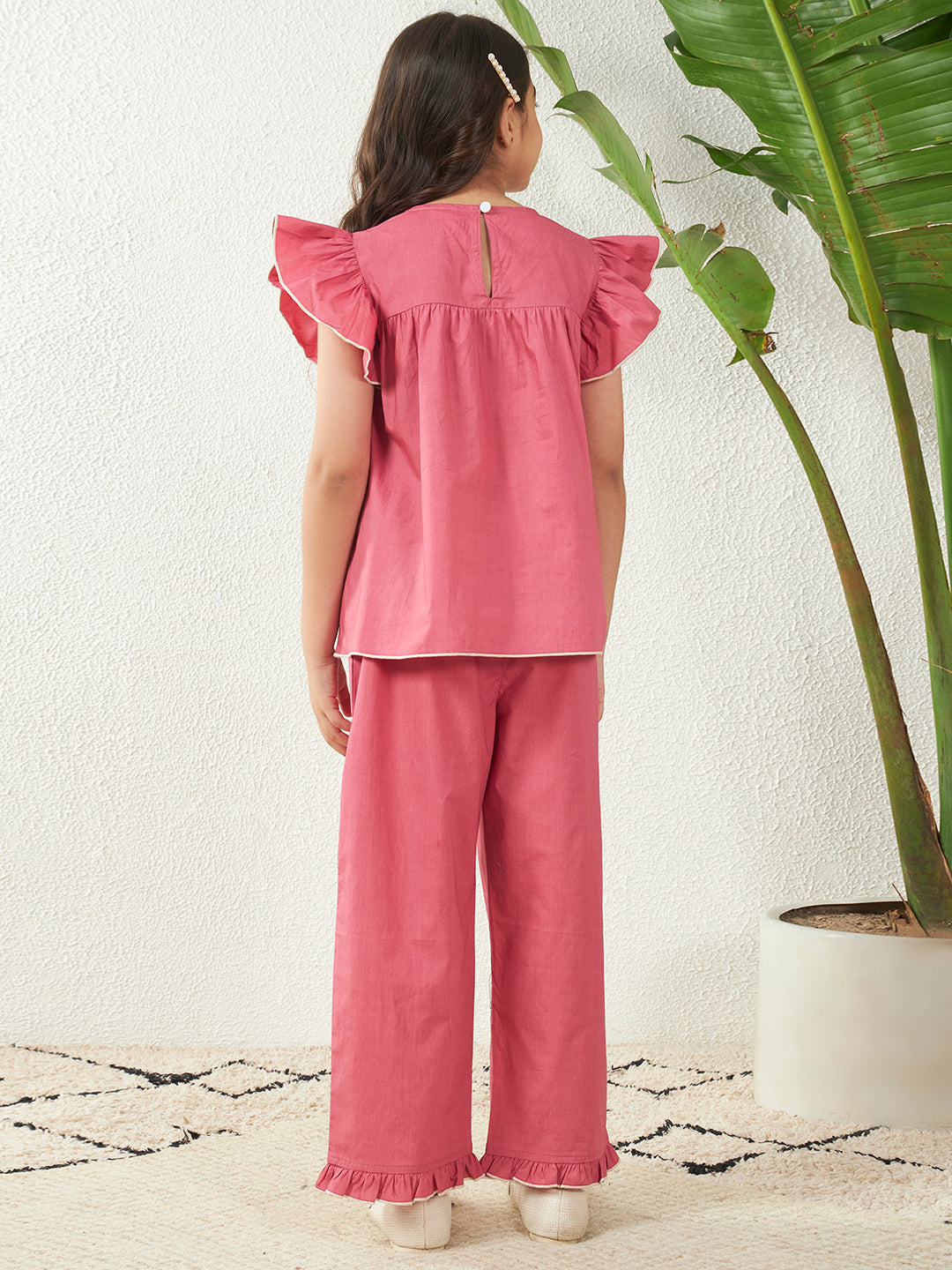 Girls Pink Cotton Poplin Dori Work Top & Frill Pant Co-Ord Set
