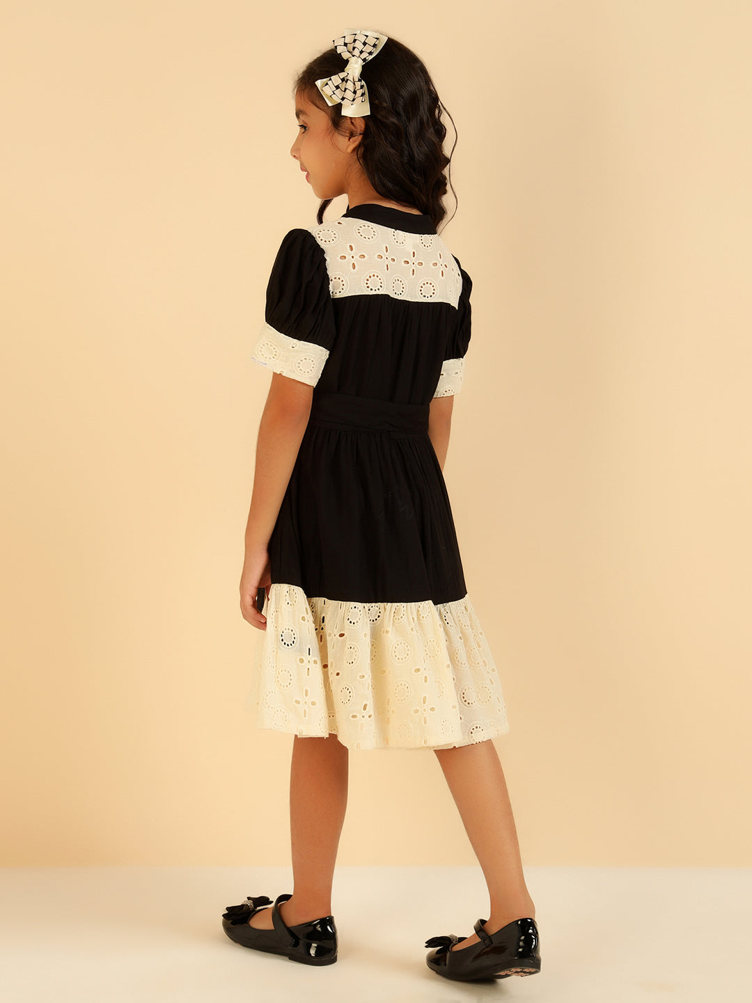 Pure Cotton Embroidered Schiffli Black Tiered Girls Dress