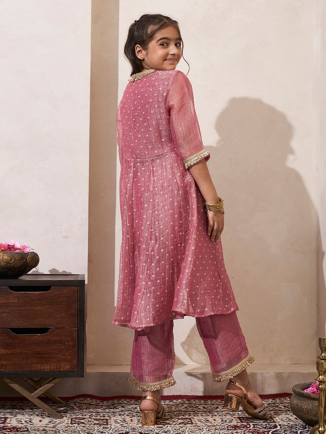 Girl's Pink Shimmer Butti Work Long Kurta & Pant Set