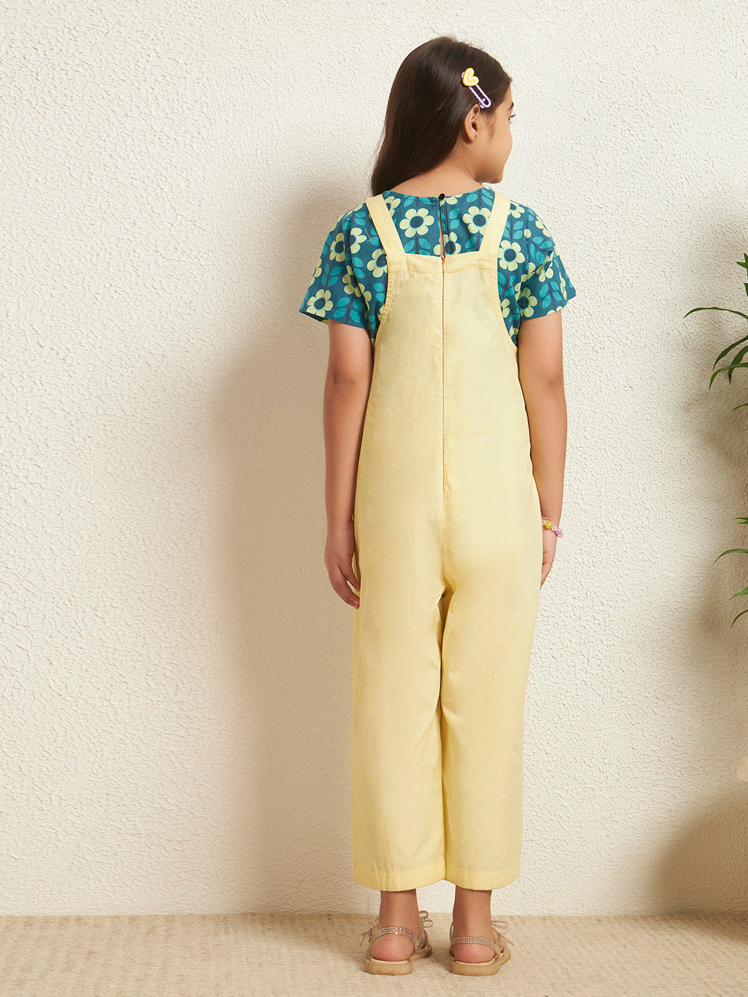 Lemon Yellow Cotton Poplin Floral With Solid Pattern Girl's Jumpsuit Set