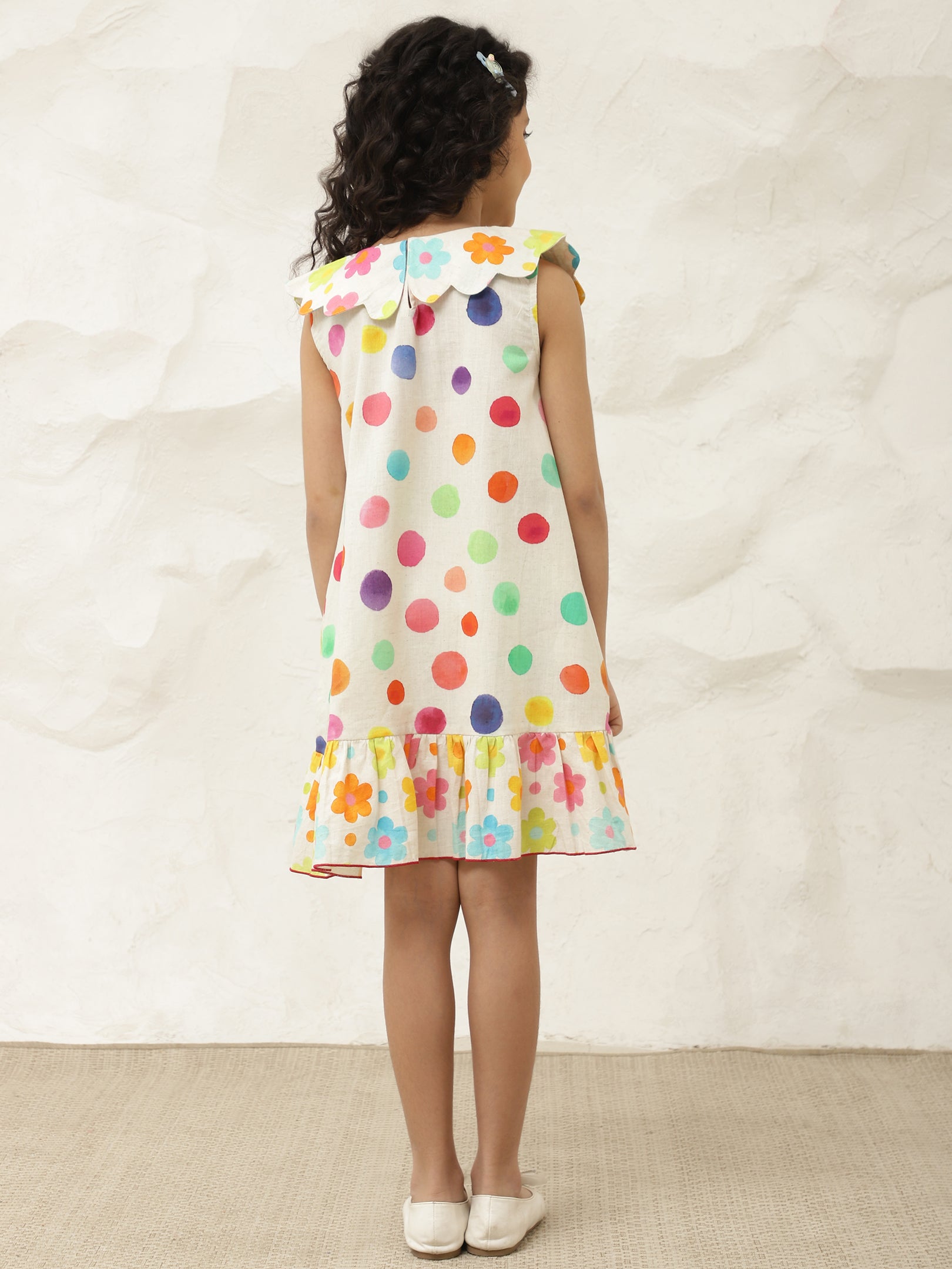 Pure Cotton Multicolor Scalloped Collar A-Line Dress