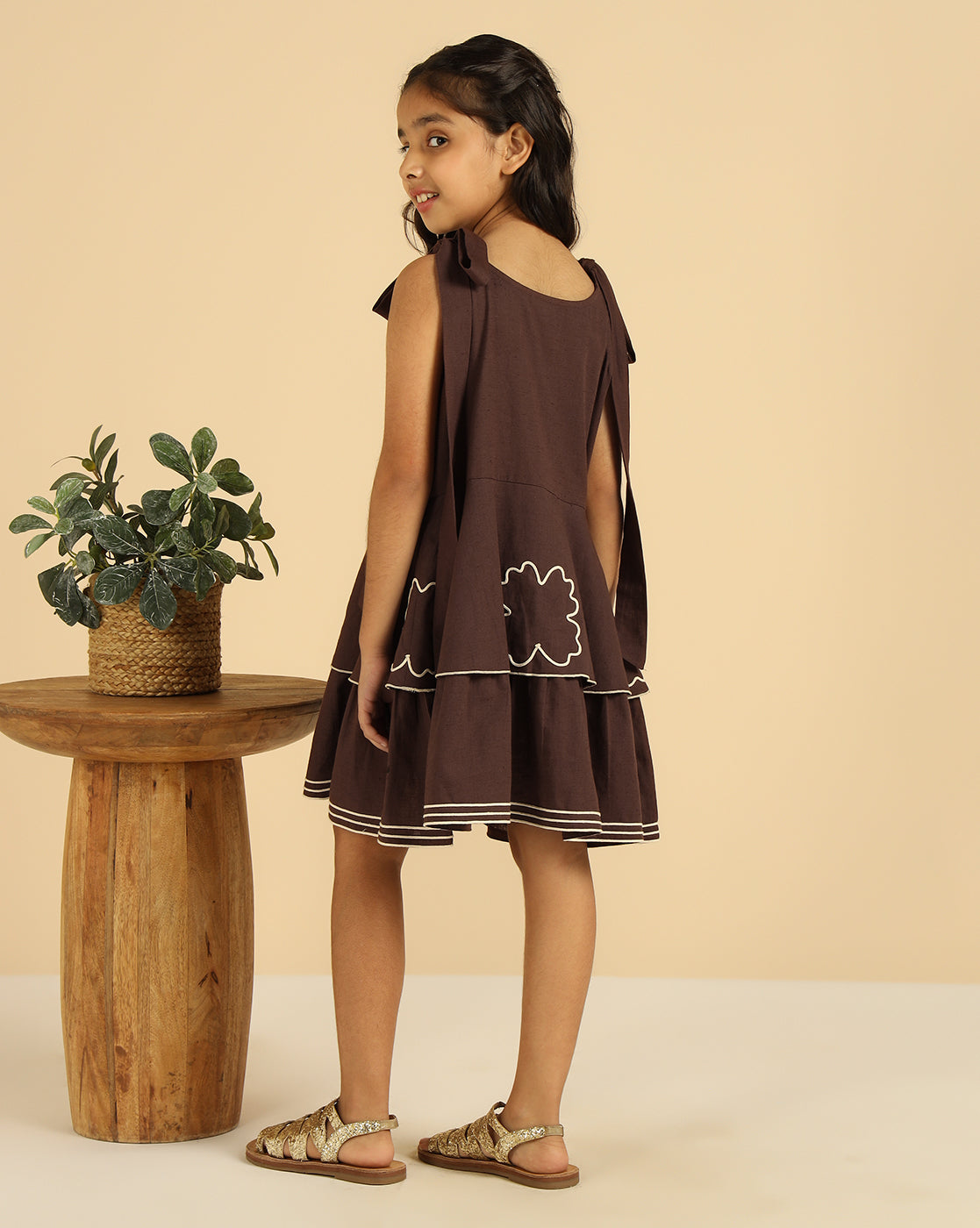 Brown Pure Cotton Embroidered Girls Tiered Dress