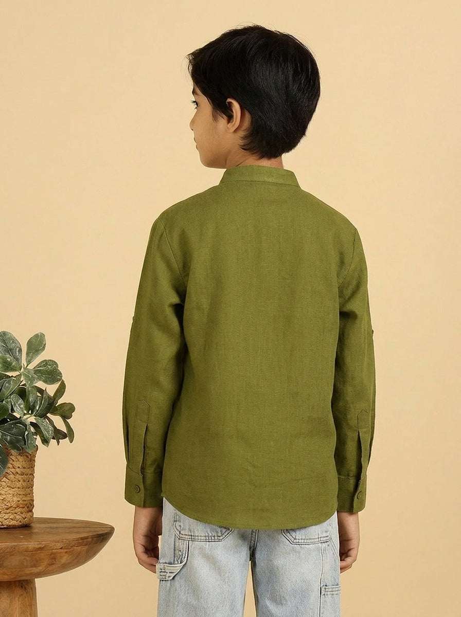 Sea Green Cotton Mandrain Collar  Short Kurta For Boys