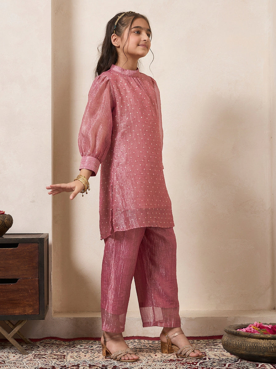 Pink Solid Shimmer Butta Work Gathered Neck Kurta With Pant