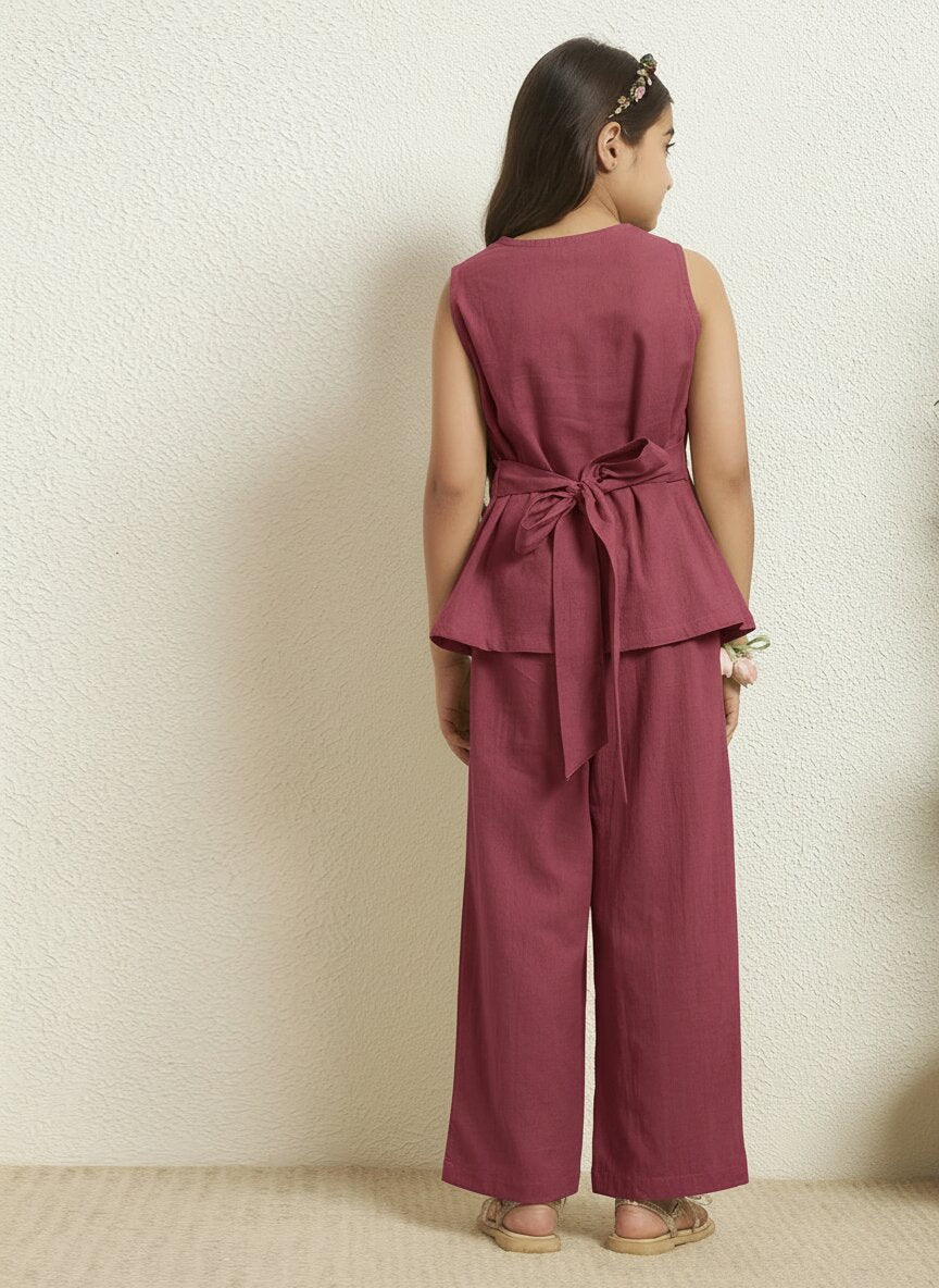 Girls Pink Cotton Blazer With Pant Co-Ord Set