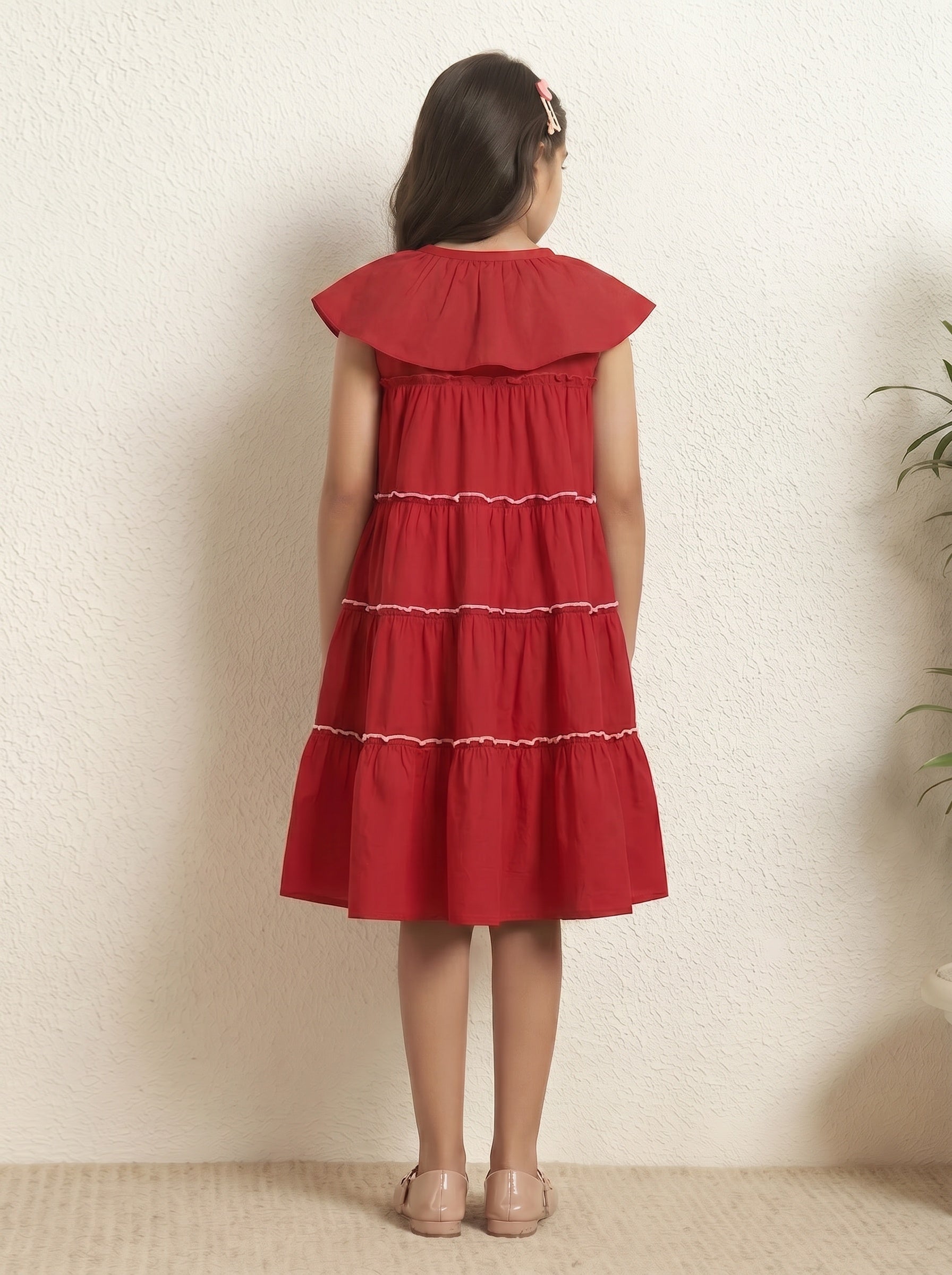 RED SHIRT STYLE TIERED DRESS FOR GIRLS