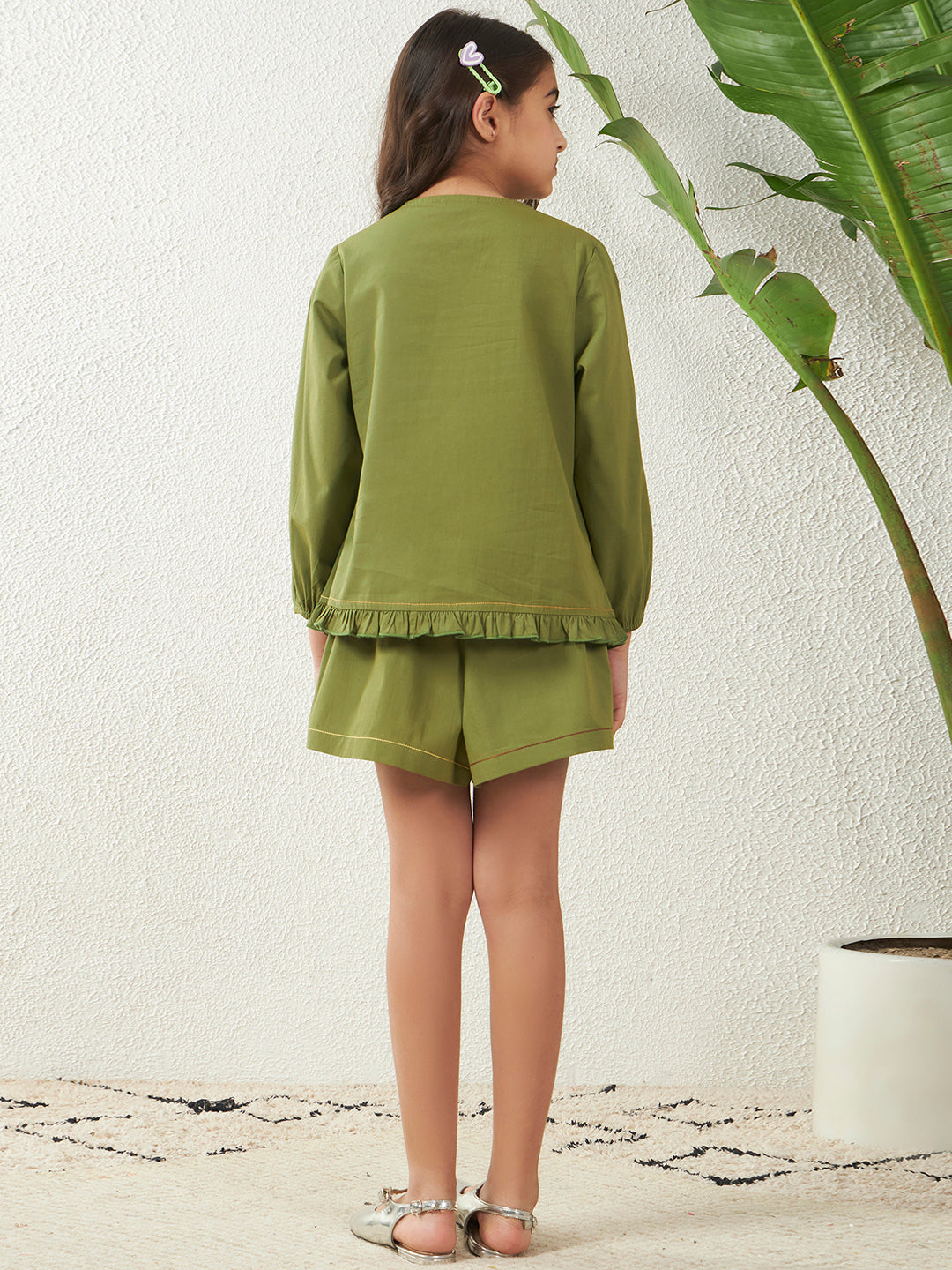 Sea Green Cotton Poplin Panda Motif Blazer With Shorts