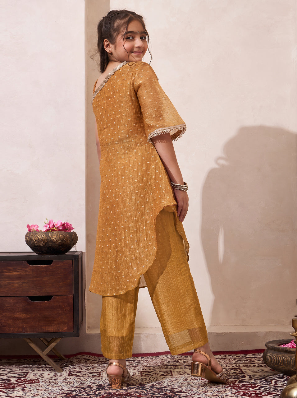 Golden Solid Shimmer Butta One Shoulder Kurta With Palazzo