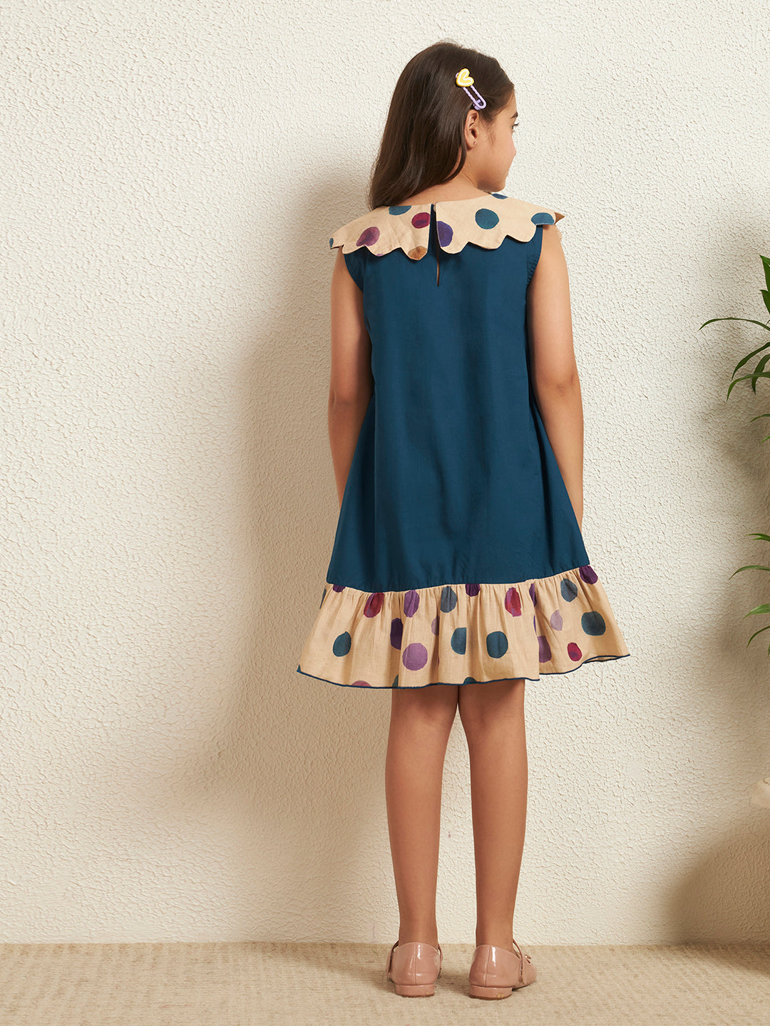 Girl's Teal Blue Cotton Poplin Solid With Polka Print A-Line Dress