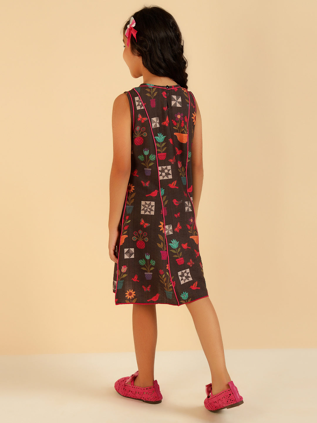 Brown Multi Color Floral Panel Girls Dress