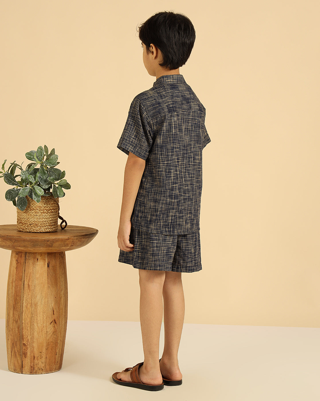 Navy Blue Pure Cotton Khadi Shirt With Shorts Boys Co-Ord Set