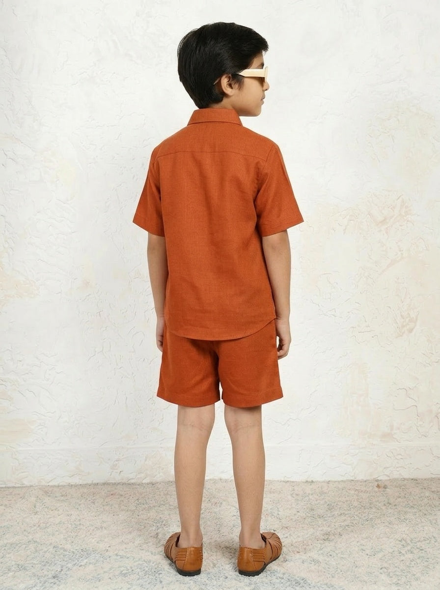 Rust Shirt Collar Solid Tan Embroidered Cotton Shirt With Shorts