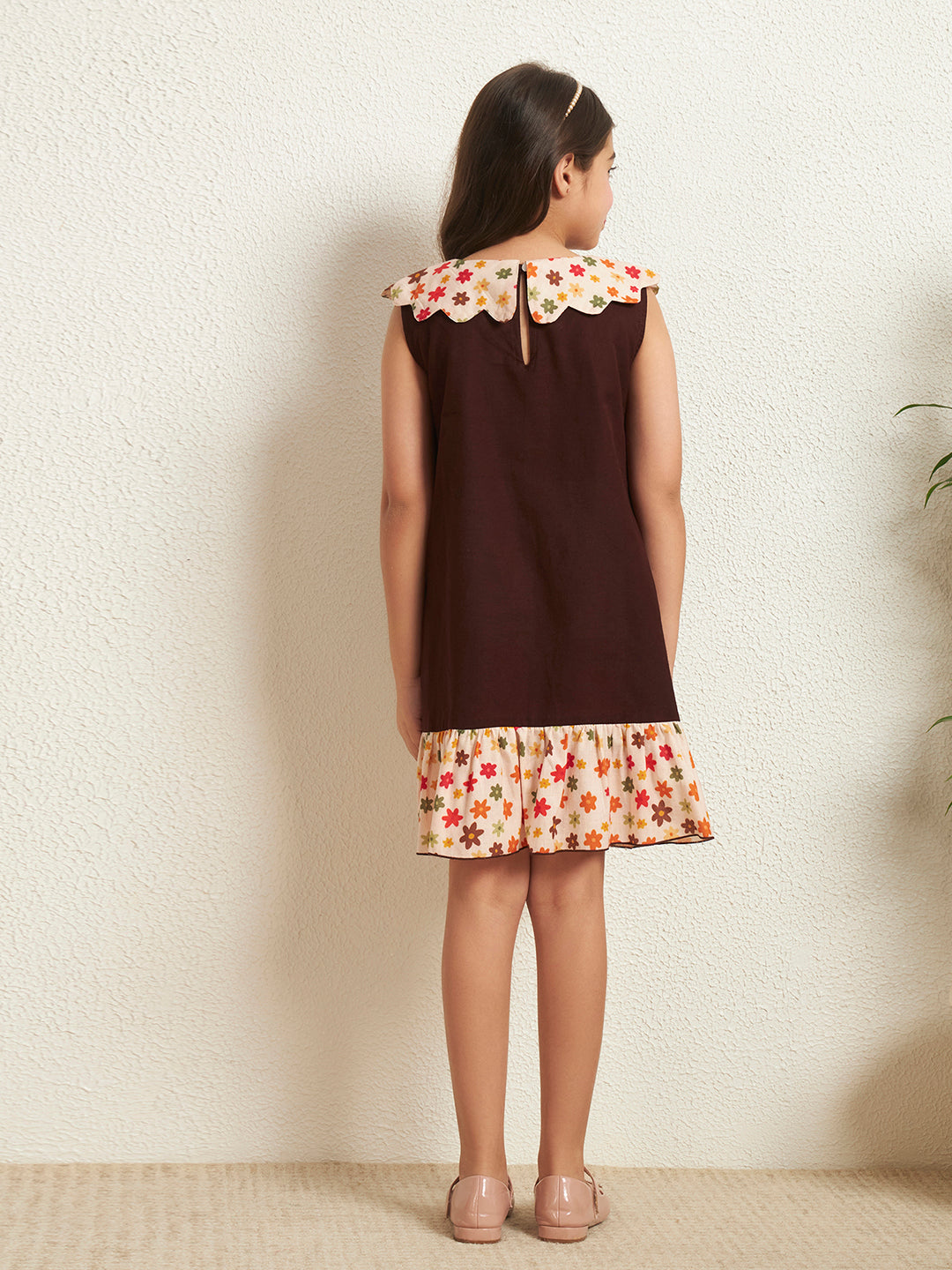 Girl's Brown Cotton Flex Solid With Floral Print A-Line Dress