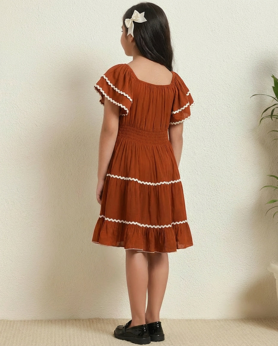 Tan Tiered Dress For Kids