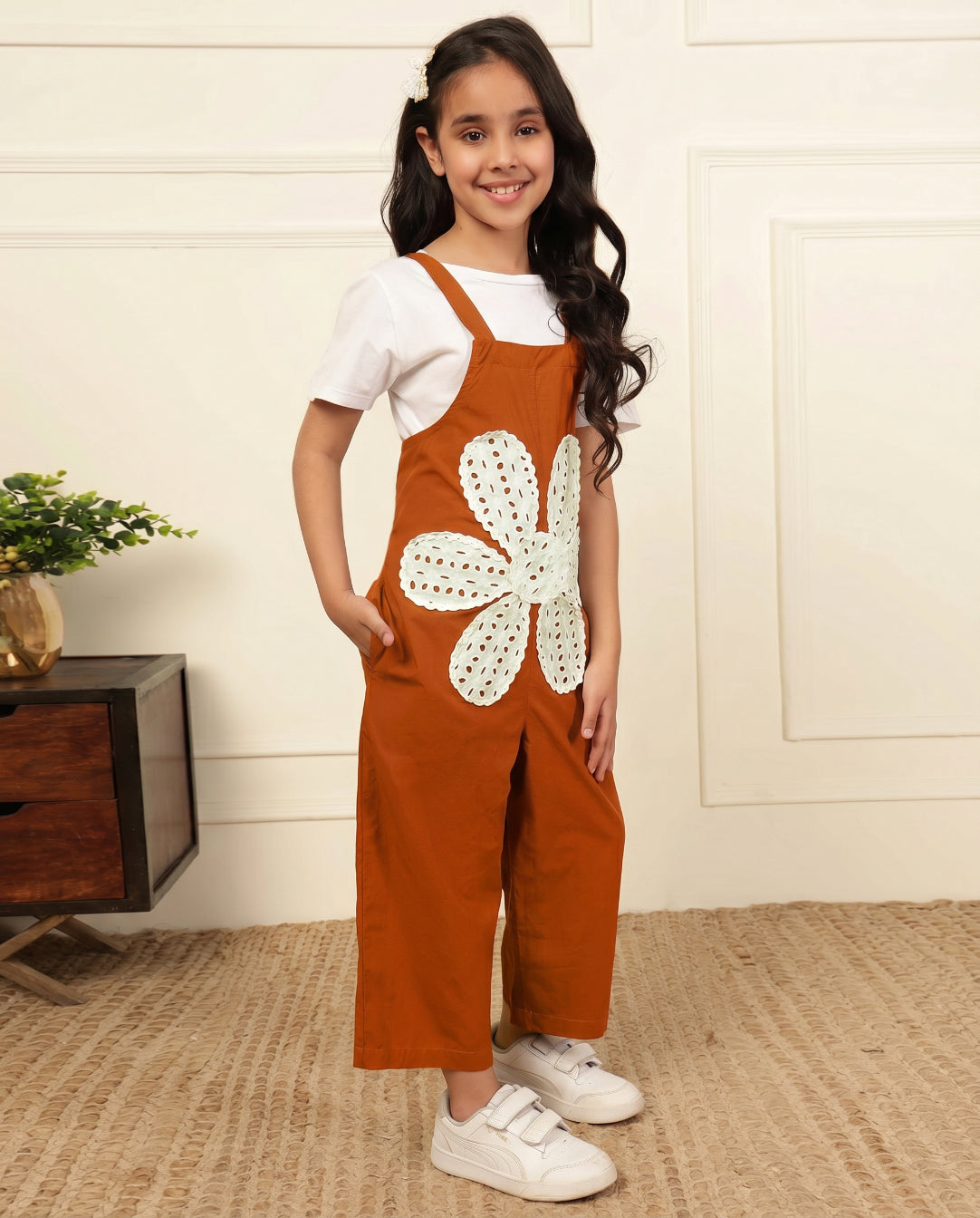 Tan Big Flower Patch Girls' Jumpsuit (T-shirt not included)