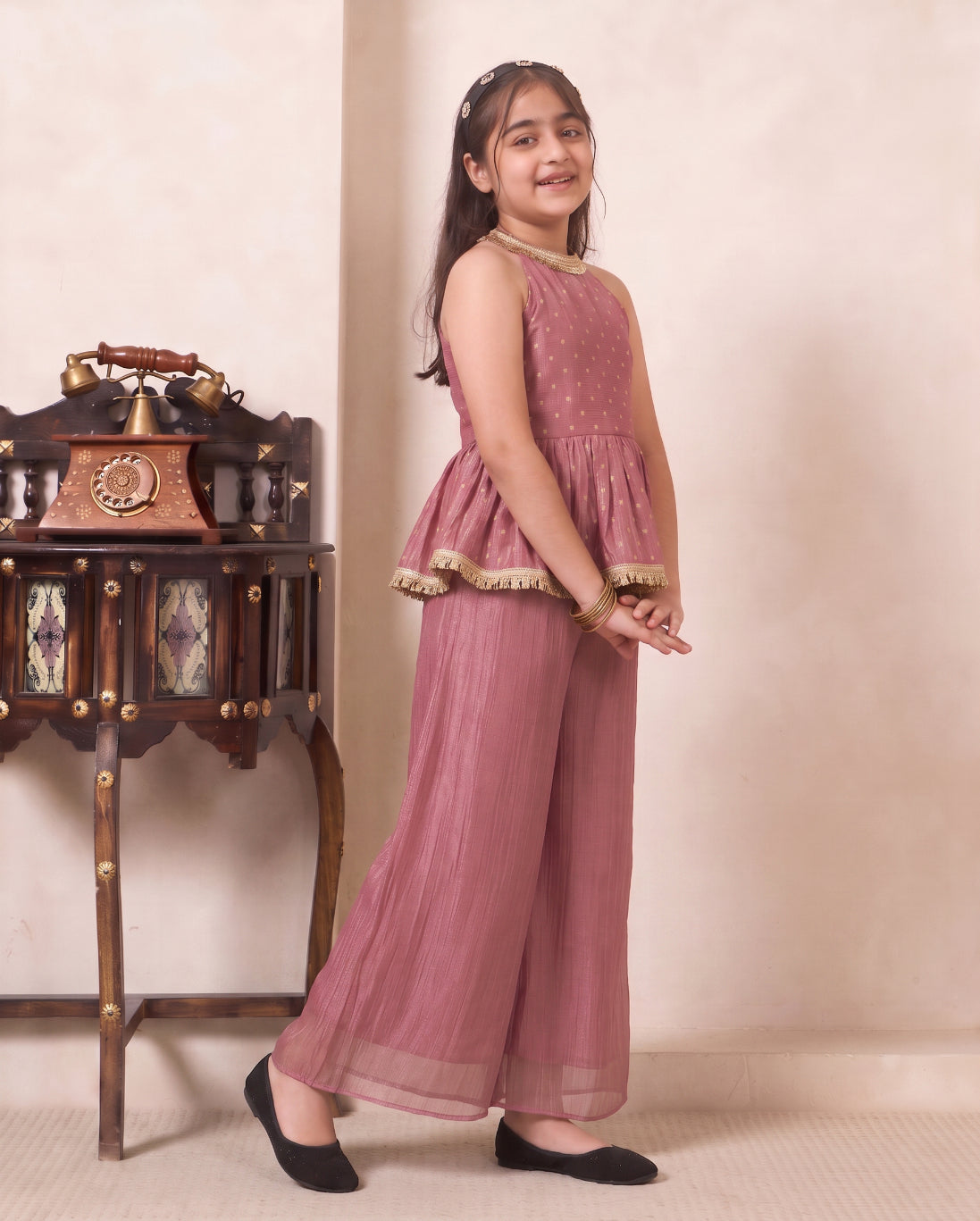 Girl's Pink Solid Shimmer Butta Peplum Top & Palazzo Set