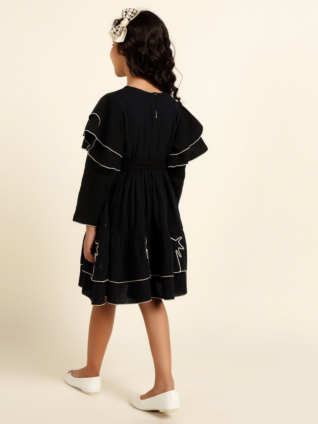 Black Embroidered Palm Motif Pure Cotton Dress For Girl