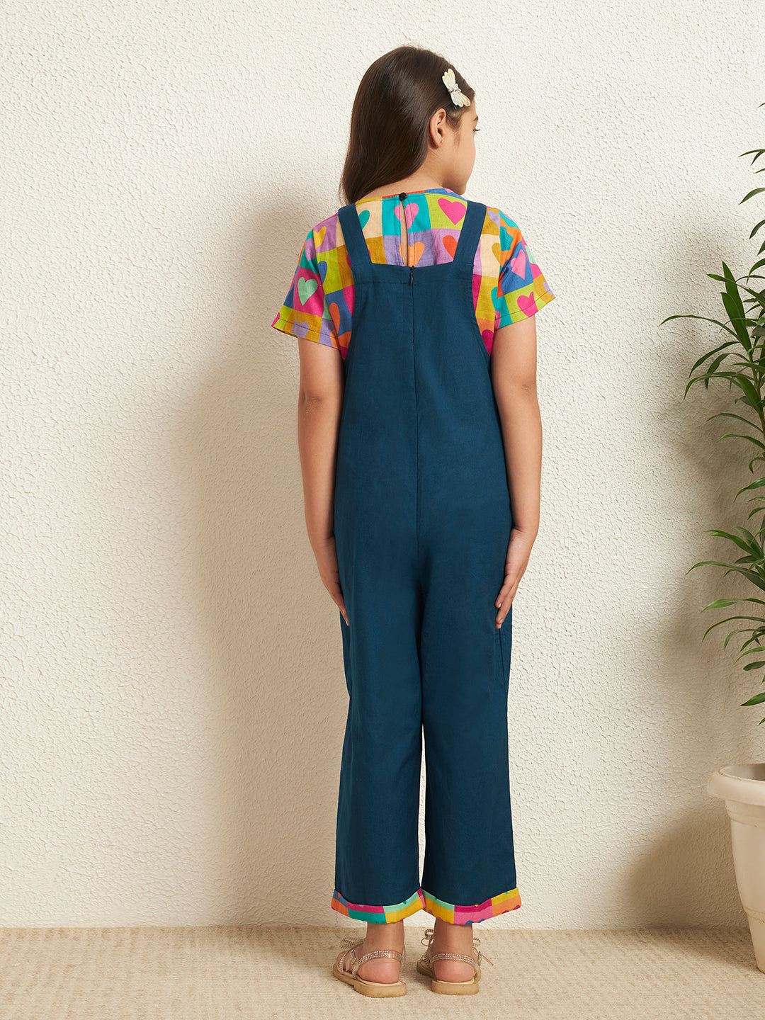 Teal Blue Cotton Poplin Heart Print With Solid Pattern Girl's Jumpsuit Set