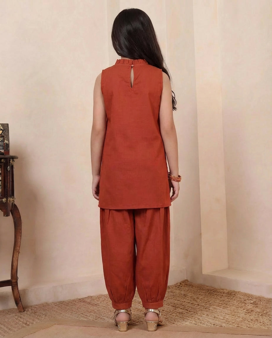 Brown Cotton Kurta With Gathered Pant Girls Co-ord Set