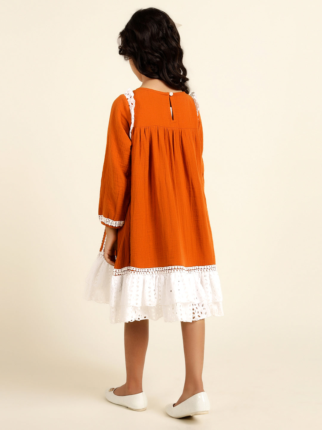 Pure Cotton With Schiffli Tiered Dress For Girls