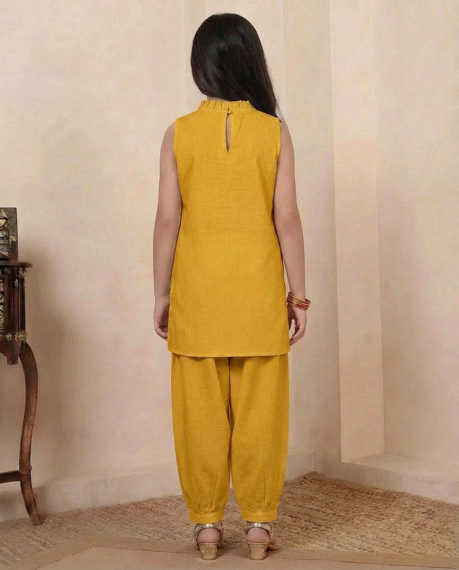 Yellow Cotton Kurta With Gathered Pant Girls Co-ord Set