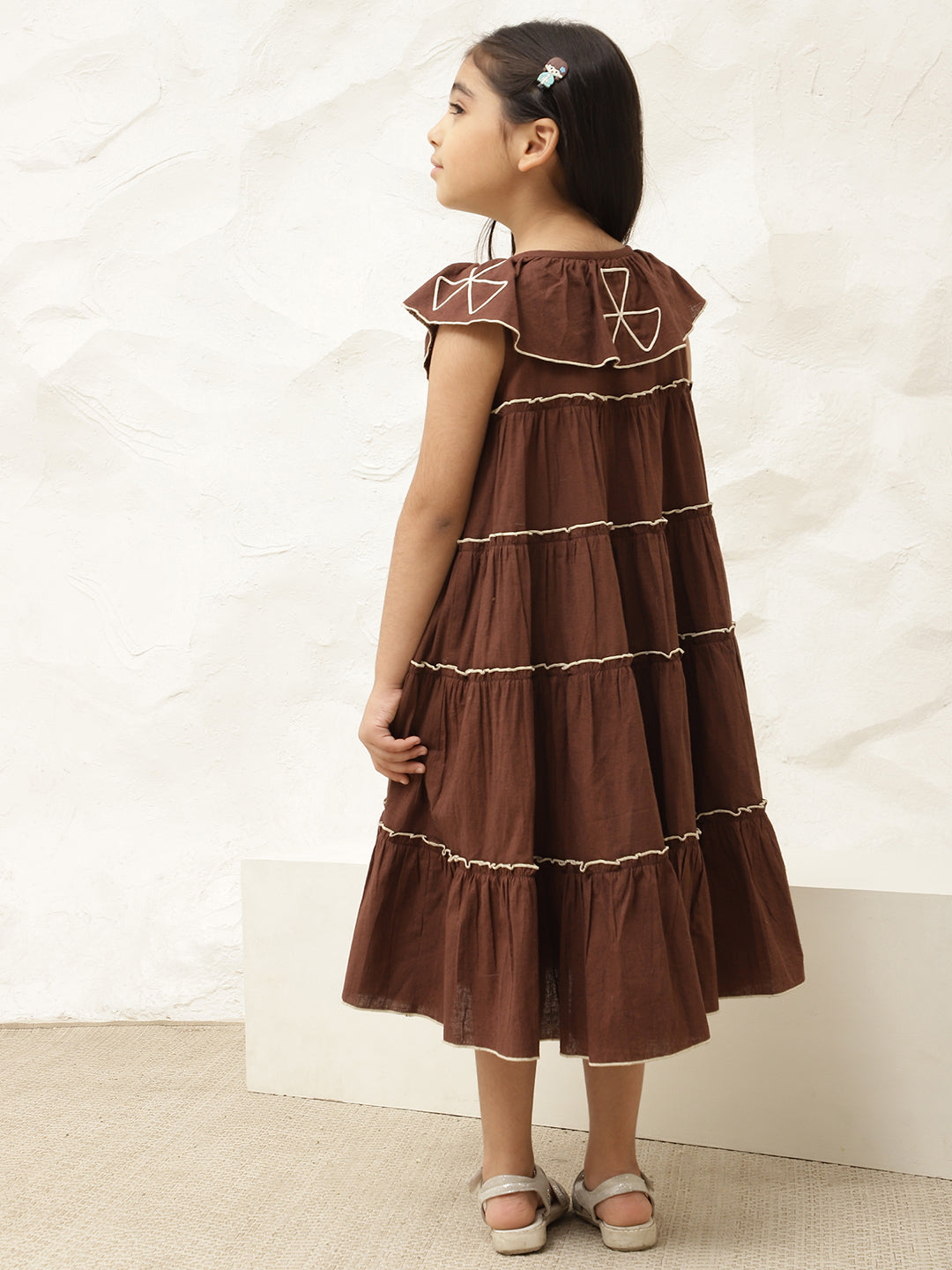 Pure Cotton Brown Embroidered Tiered Dress