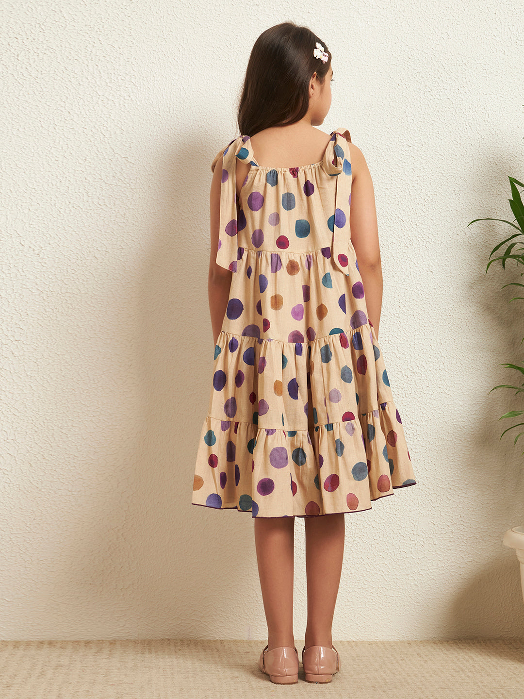 Girl's Multi Color Cotton Flex Polka Knot Tie-Up Style Dress