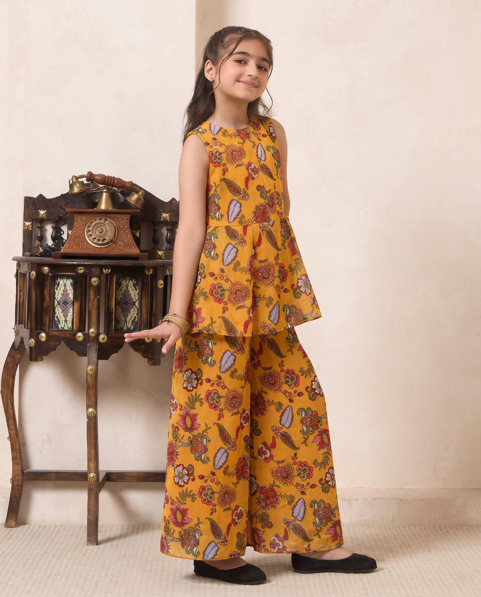 Girl's Mustard Paisley Print Peplum Top & Palazzo Set