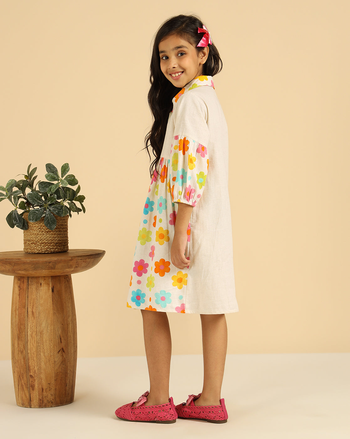 Off White Pure Cotton With Floral Printed Blocking Girls Tiered Shirt Dress