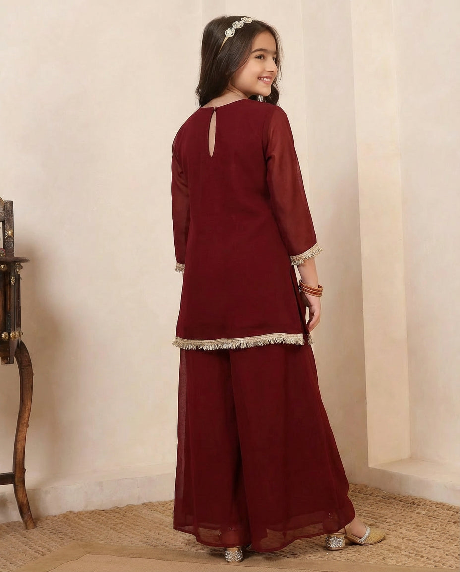 Georgette Maroon 3 Piece Co-Ord Set