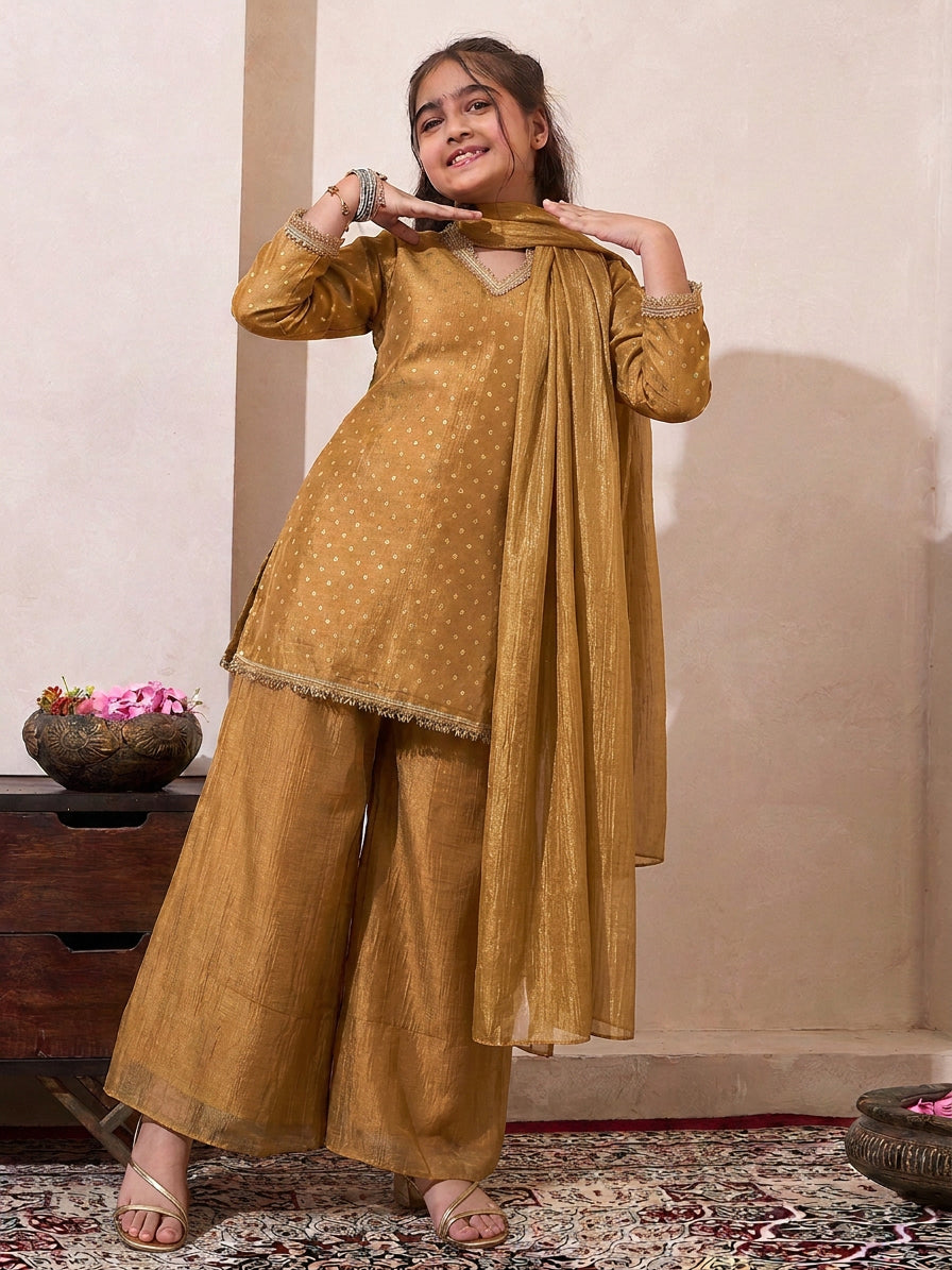 Golden Solid Shimmer Butta Fusion Wear Kurta & Palazzo With Dupatta Set
